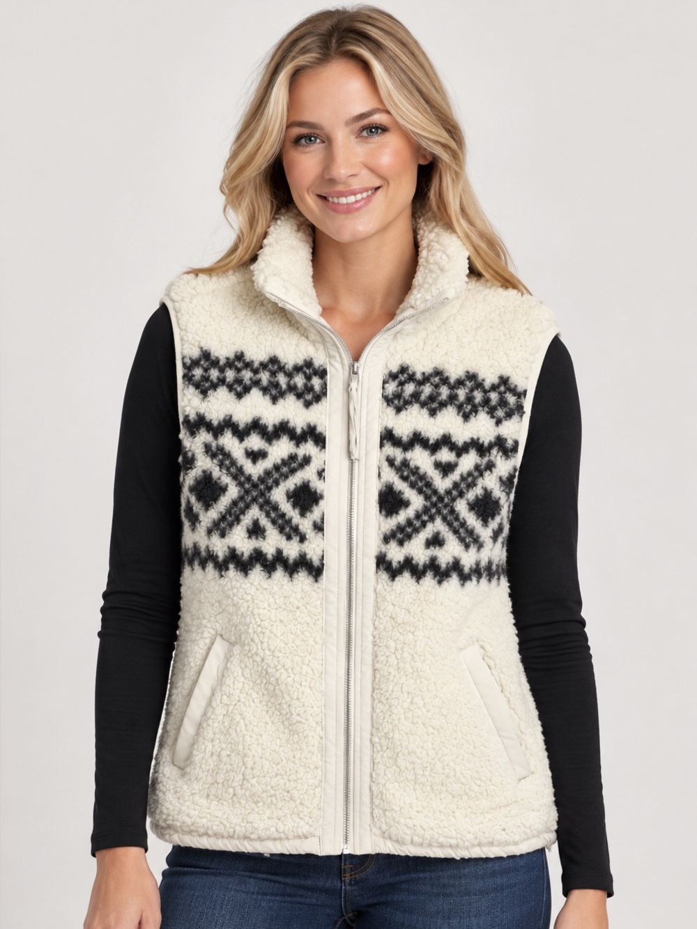 Abercrombie & Fitch Soft A&F Collection Fleece Vest L Sherpa Fair Isle Cream